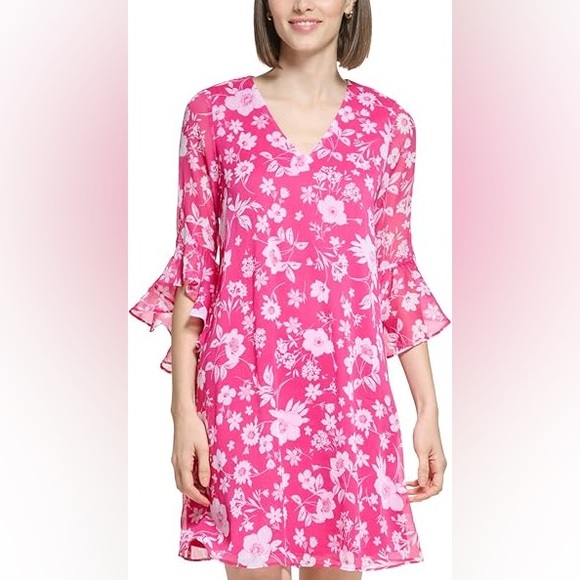 Calvin Klein floral-print ruffled-sleeve shift dress in hibiscus size 6 - Picture 3 of 6